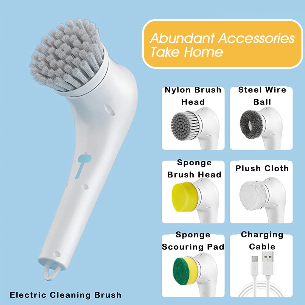 Serplex Electric Cleaning Brush Rechargeable Electric Spin Scrubber with 5 Brush Heads, 360° Rotation Bathroom Cleaning Brush Electric for Range Hood, Glass, Window, Car, Bathtub, Tile, Shoes