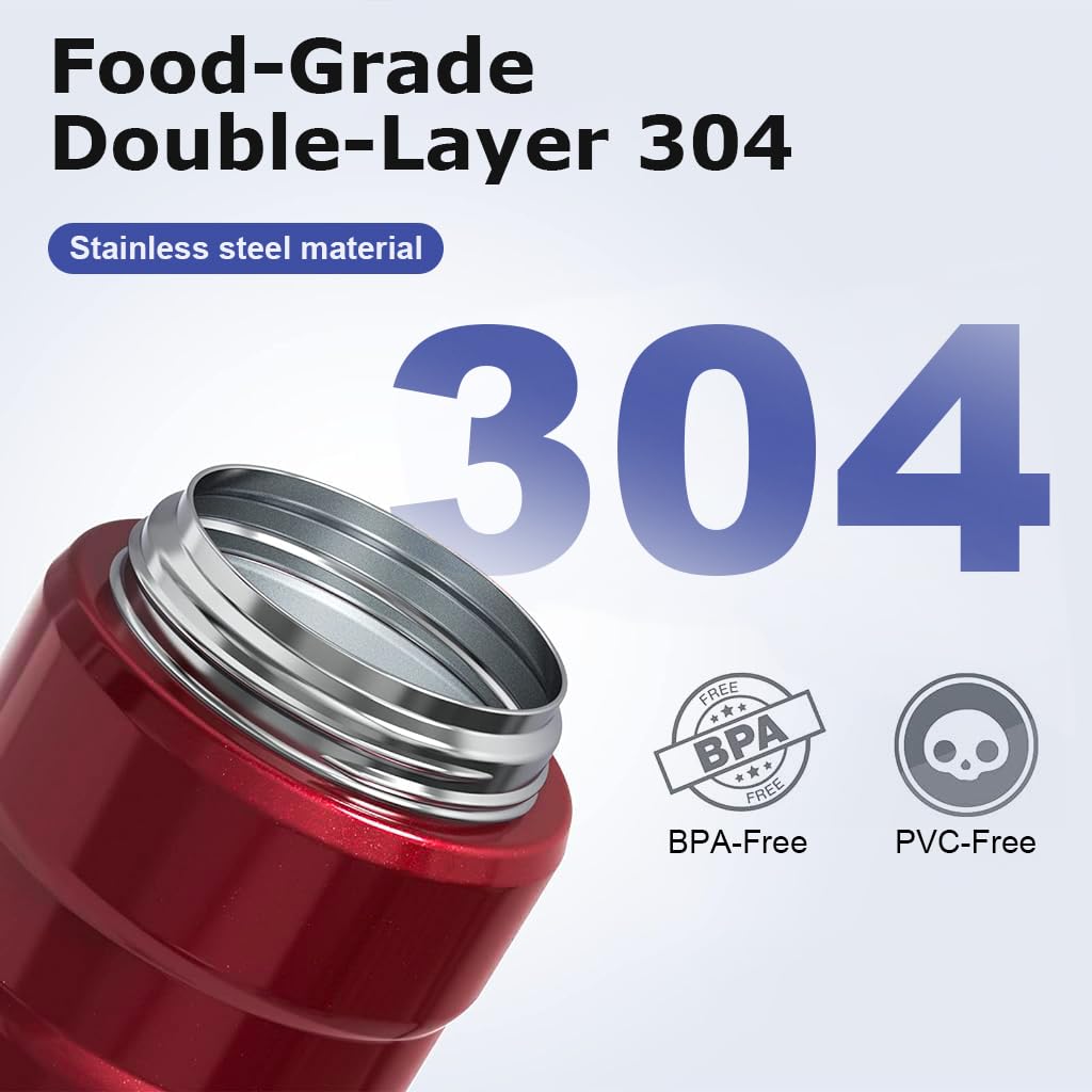 Supvox Vacuum Flask 500ml Insulated Food Jar Vacuum Flask Food with Folding Spoon Double Layer 304 Stainless Steel Vacuum Flask Food Lunch Box Hot Food Vacuum Insulated Jar for Porridge, Soup, Red