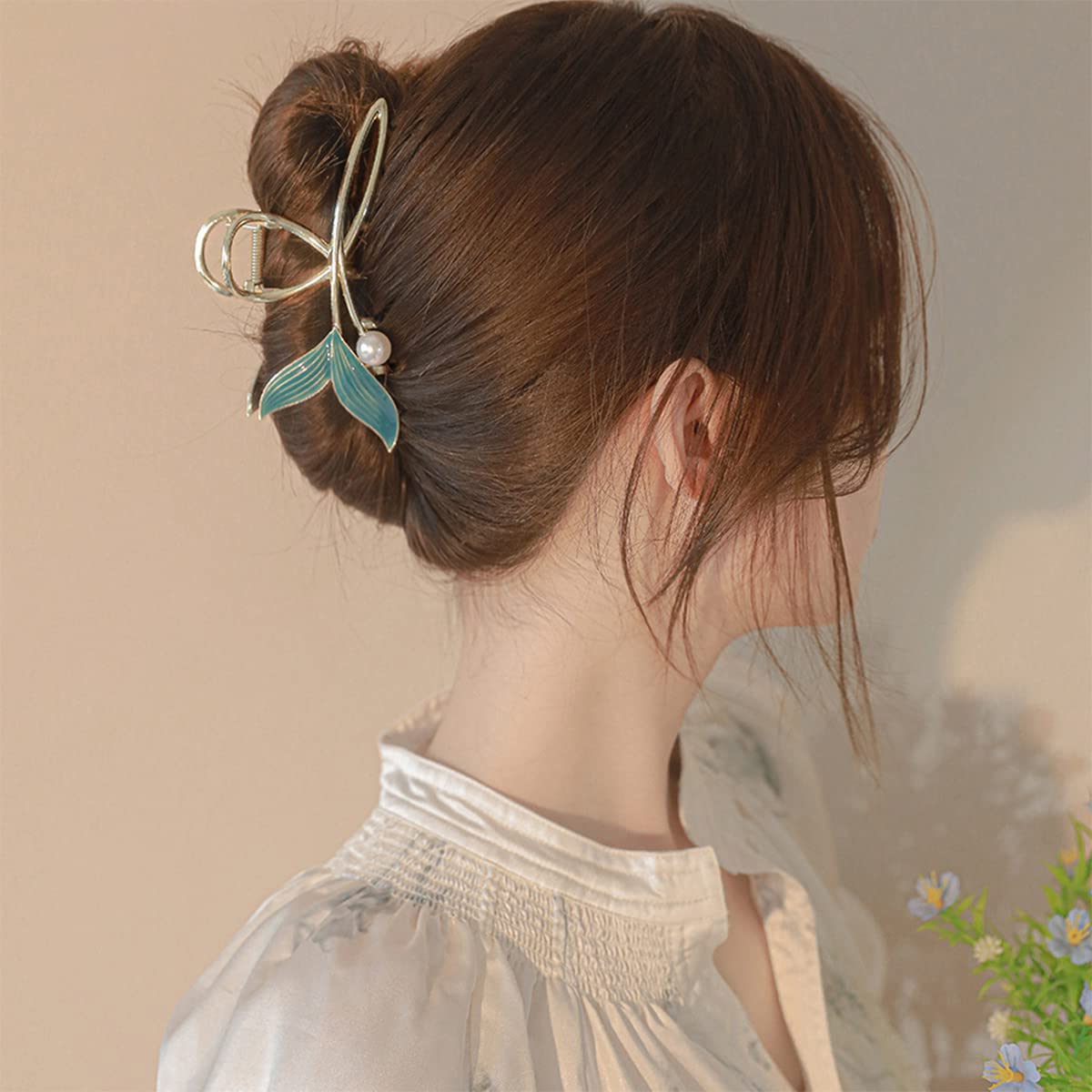 PALAY Hair Claw Clip for Women Large Stylish Mermaid Pearl Hair Clip Clutcher Ladies Non-Slip Metal Hair Jaw Clips, Strong Hold Elegant Bun Hair Styling Clamp Hair Accessories Gift