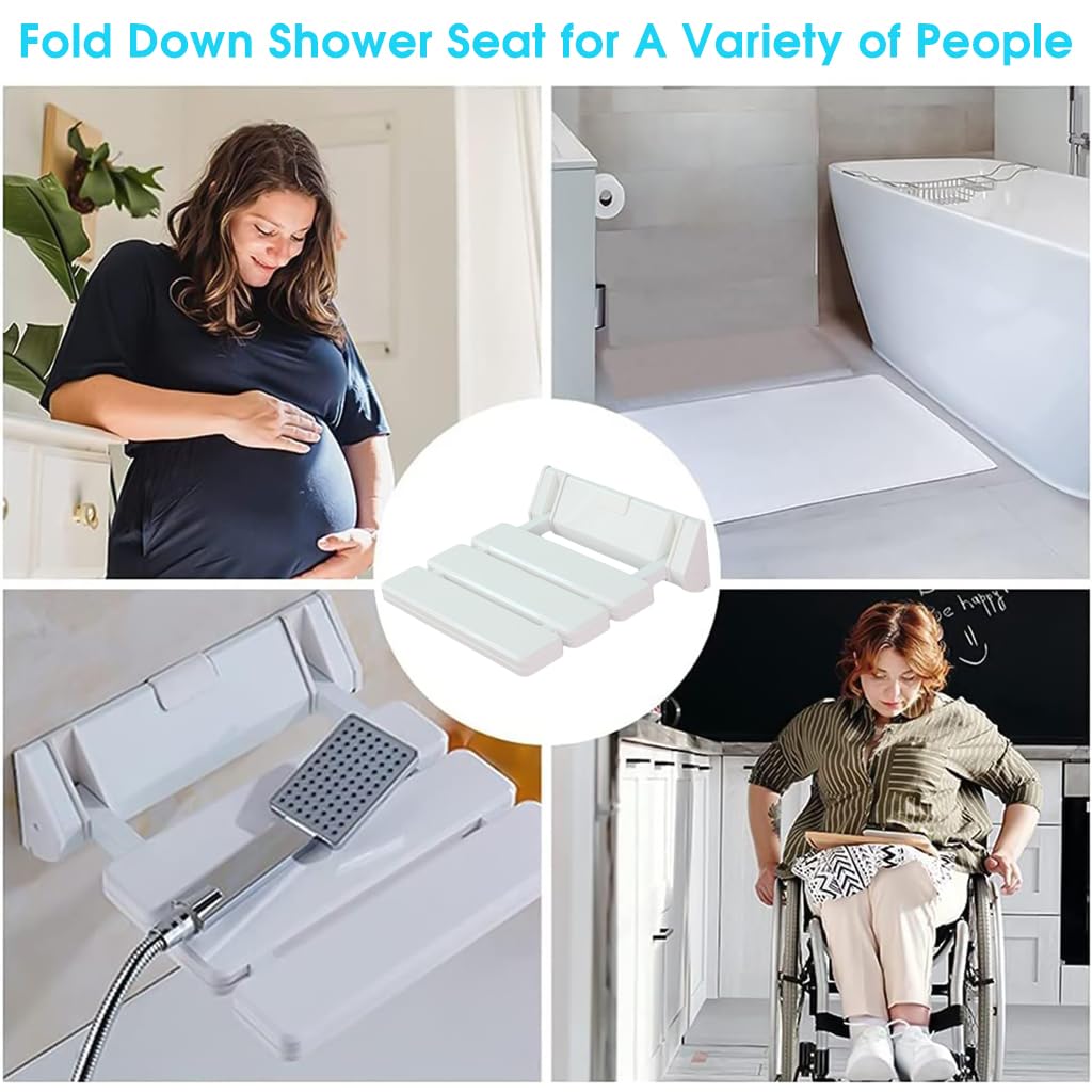 HANNEA Folding Shower Seat Wall Mounted, ABS Durable Shower Seat for Bathroom Anti-Slip Showering Seat, Fold Down Shower Seat Shower Chair for Elderly, Kids, Pregnant(White)
