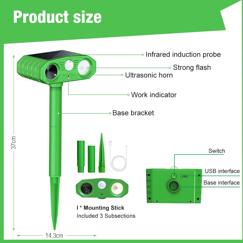 HASTHIP Ultrasonic Pest Repeller with Infrared Sensor and Flashing Lights for Garden, Waterproof Solar Pigeon Repellent and Dog Repellent Device for Get Rid of Mole, Gopher, Snakes, Underground Pests