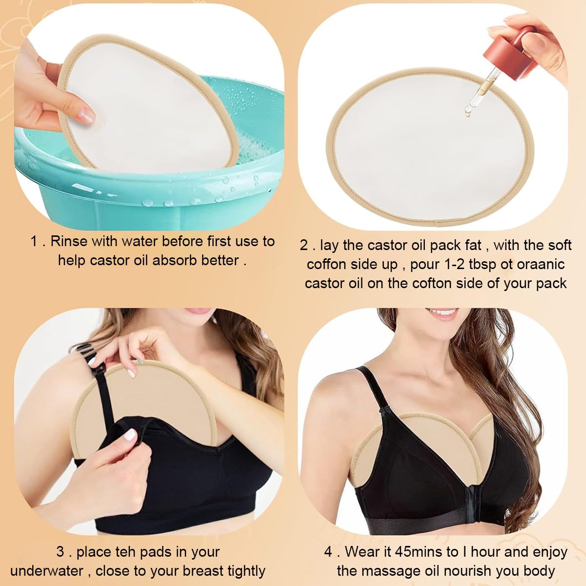 HANNEA 4 Pack Castor Oil Pack Wrap, Reusable Organic Castor Oil Pack Kit Chests Waist and Neck Wrap for Liver Detox, Waist and Neck with Adjustable Elastic Strap Anti Oil Leak, Khaki