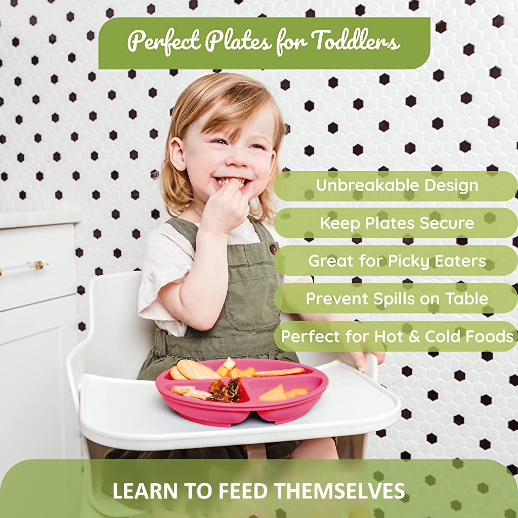 SNOWIE SOFT Baby Suction Plates for Baby Feeding with Lid and 4 Strong Suction Cups, Silicone Toddler Plates with Deep Divided for Kids to Feed Themselves, Dish Washer & Micro-Wave Oven Safe