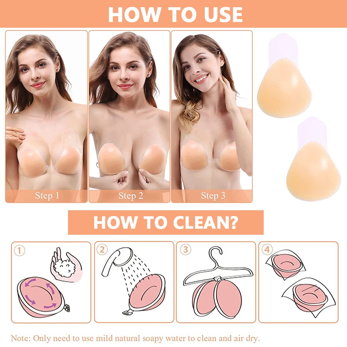 MAYCREATE Nipple Cover Reusable for Women, Adhesive Bra Strapless Sticky Push Up Silicone Reusable Invisible Lifting Bra for Women with Nipple Covers, C/D Cups