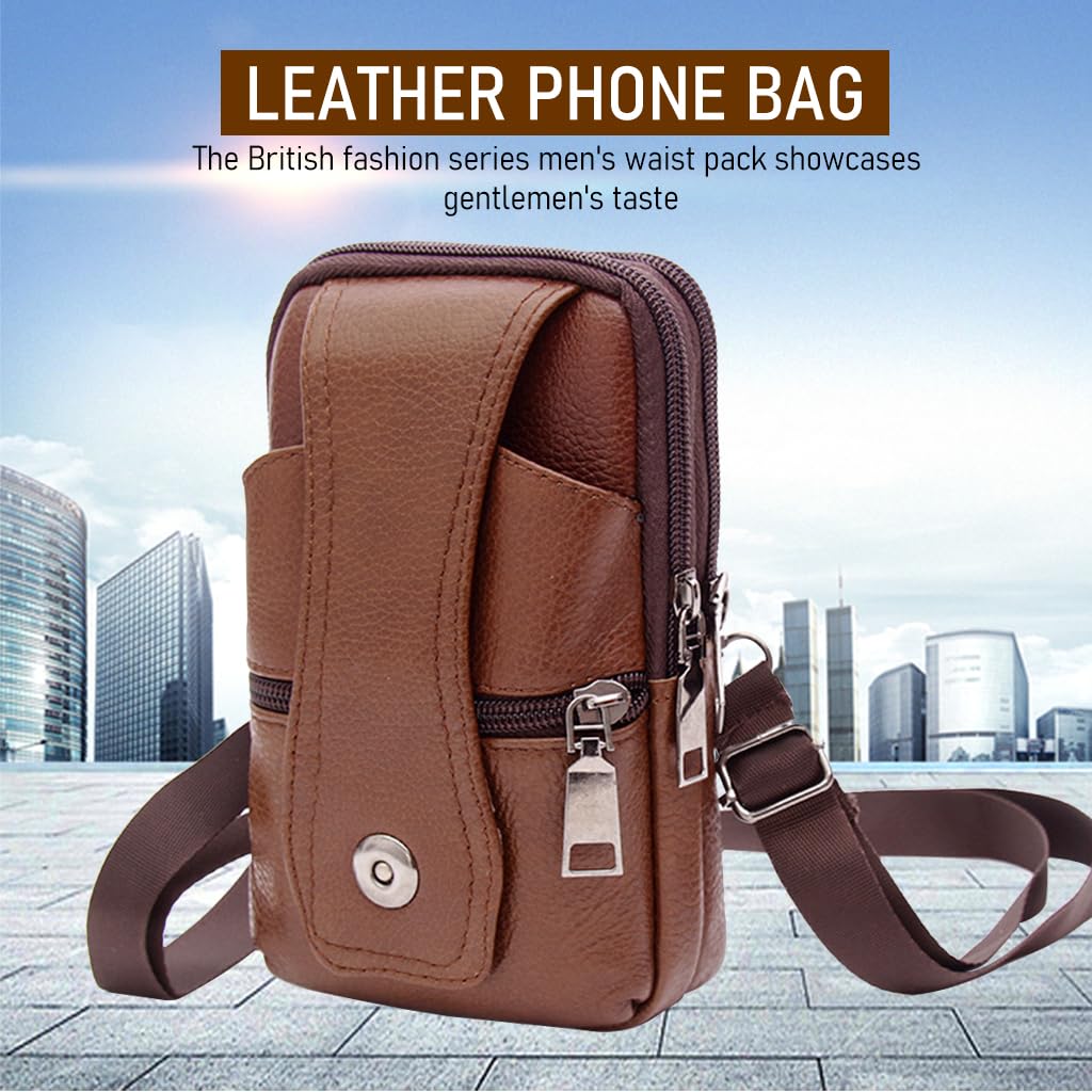 ZIBUYU Mobile Pouch for Men Leather Magnetic Cover Belt Clip Compatible for iPhone 12, 13, 14 Pro Max Phone Case Mini Crossbody Men Waist Sling Bag Mobile Holster for Men, Brown - 1