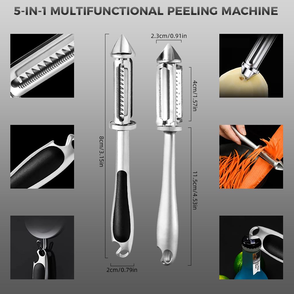 Supvox 5 in 1 Multipurpose Kitchen Peeler with Core Remover, Grater, Julienne Peeler for Carrots, Potatoes, Cucumbers, Carbon Steel Peeler for Potato, Apple, Veggies, Carrot, Kiwi, Cucumber