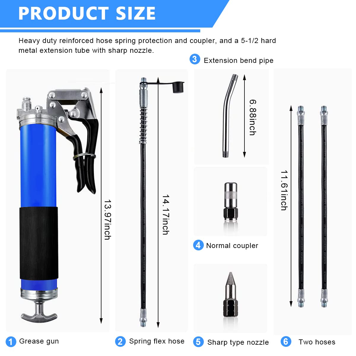 STHIRA Grease Gun, Heavy Duty Pistol Grip Grease Gun with 4 Flexible Hoses, High Performance Grease Gun Air Grease Gun Nozzle Mini Gun Grease Air Gun with Reinforced Flex Hose Spring Guard Working Coupler