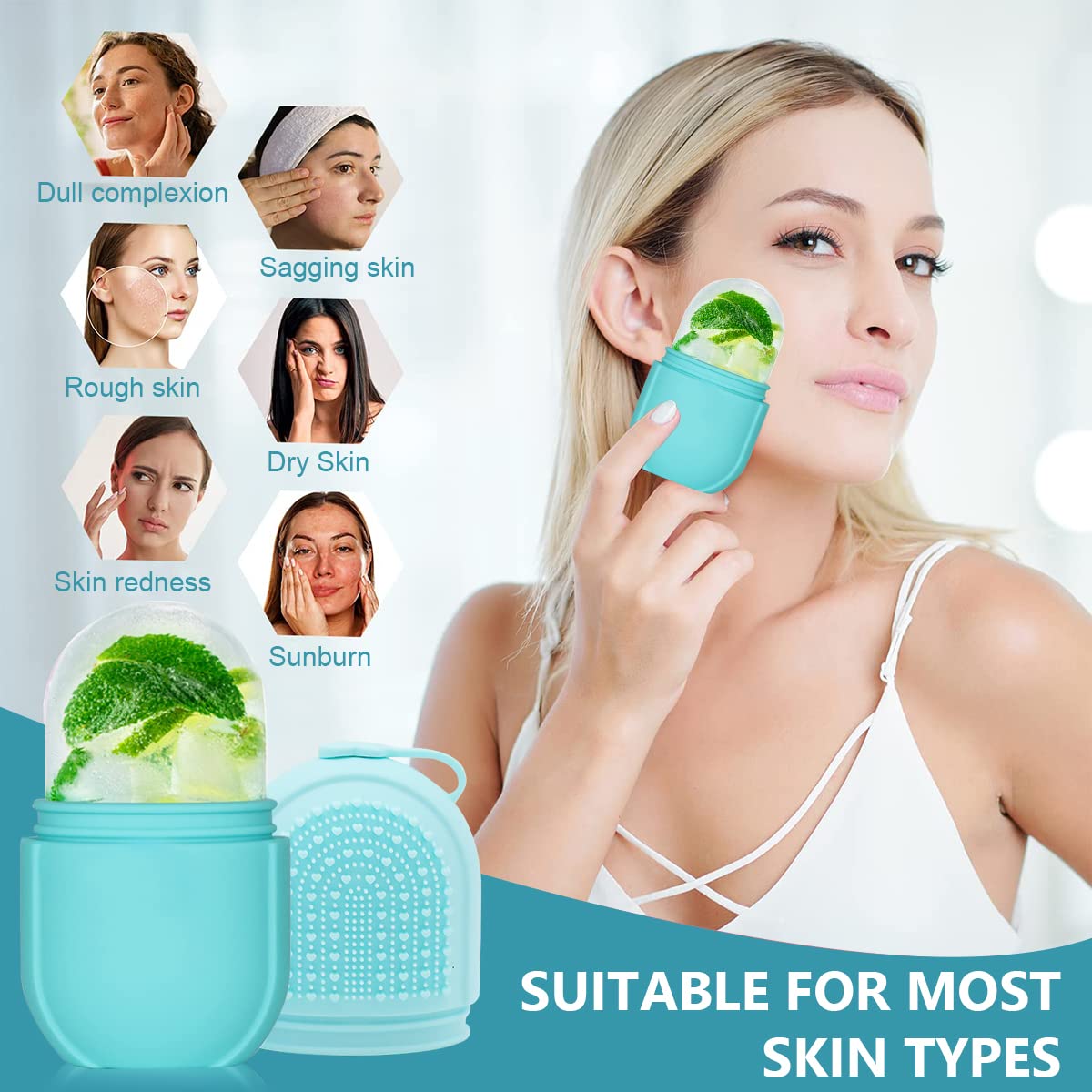 MAYCREATE Ice Face Roller Ice Cube Mold With Cleansing Brush, Anti-Leak Silicone Ice Roller for Face Massage, Beauty Ice Facial Roller for Eliminate Edema, Tighten Skin, Women Skincare Gift (Blue)