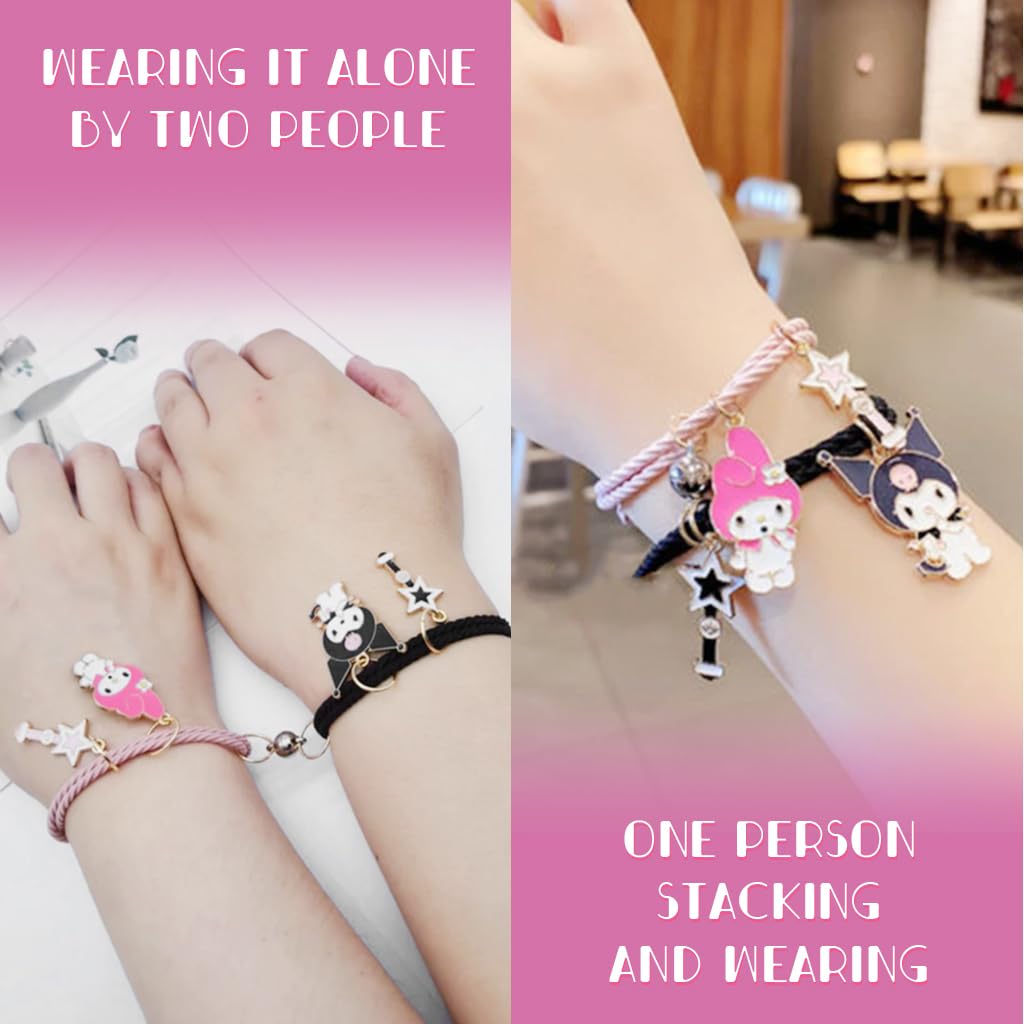 MAYCREATE 1 Pair Girls Friendship Bracelets Kuromi & Melody Friendship Bracelet Fashion Cartoon Sanrio Rope Bracelet for Girls Magnetic Matching Kuromi Melody Bracelet Birthday Gift for Girls