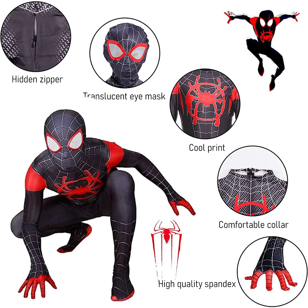 FANCYKU Spiderman Costume for Kids, Superhero 3D Lenses Spiderman Dress Black Spider Man Miles Morales Bodysuit, Silk-Feel Fabric Spider-Man Fancy Jumpsuit for Boys Gift Halloween Cosplay, Size XL