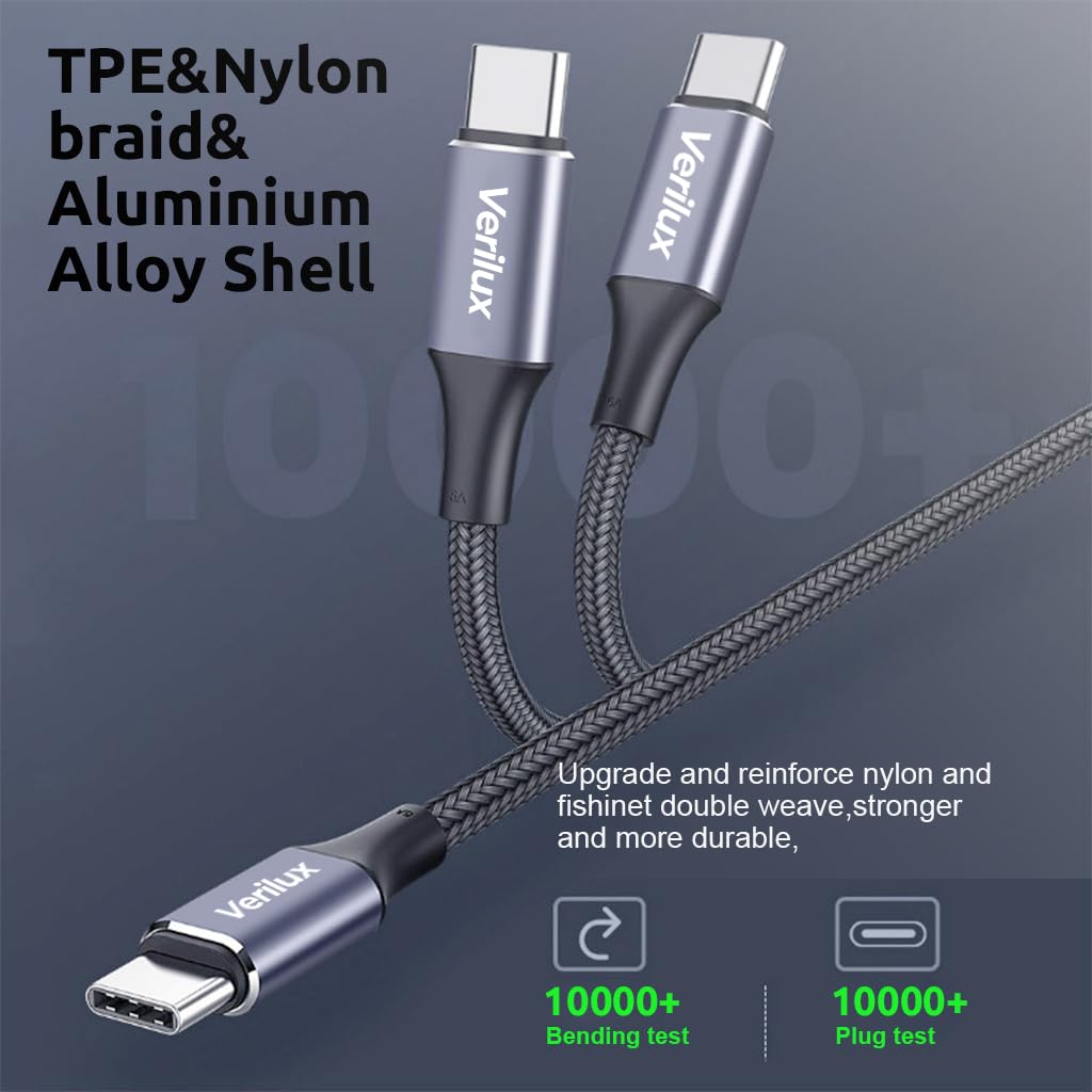 Verilux Type C to Type C Cable, 6.6Ft 100W Fast Charging USB C Cable, 480Mbps Data Transfer Nylon Braided USB Type C Male to Male Cable for MacBook Pro 2020, iPad Pro 2020, iPad Air 4, Samsung S23