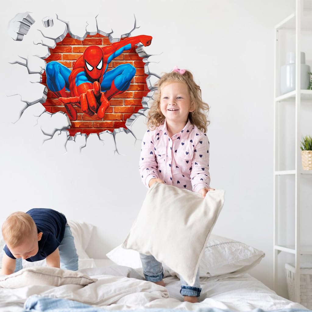 HASTHIP 1 Sheet 3D Wall Paper Sticker Superhero Spiderman 3D Wall Paper Self Adhesive PVC Wall Paper Removable Cartoon 3D Wall Paper for Kids Room, Bed Room, Living Room, 19.6 x19.6 inches