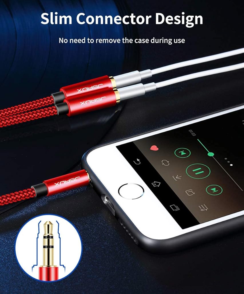 JSAUX® Headphone Splitter 3.5mm 2 Female to 1 Male Audio Stereo Y Cable Dual Adapter Compatible with PS5 Xbox Switch PC Gaming Headsets Phone Tablet Laptop Red 3 PCS