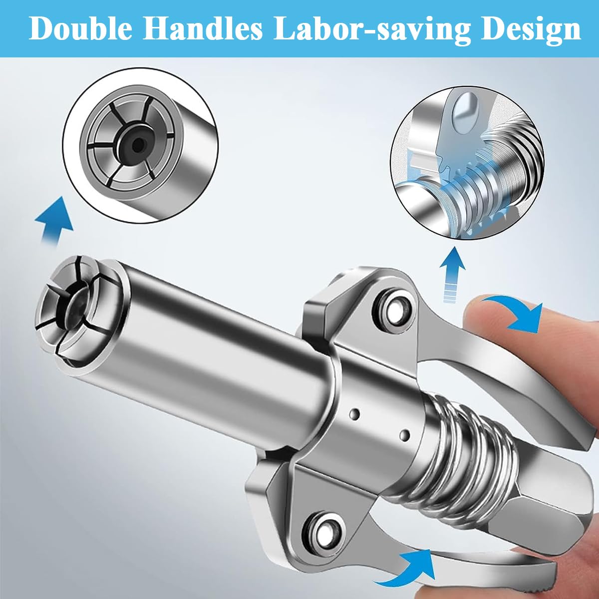 STHIRA Grease Gun Coupler, 6 Jaws Metal Dual Handle Grease Coupler Secure Locking Zerk Fittings Coupler 10000 PSI Quick Release Metal Grease Gun Coupler for All Grease Gun 1/8