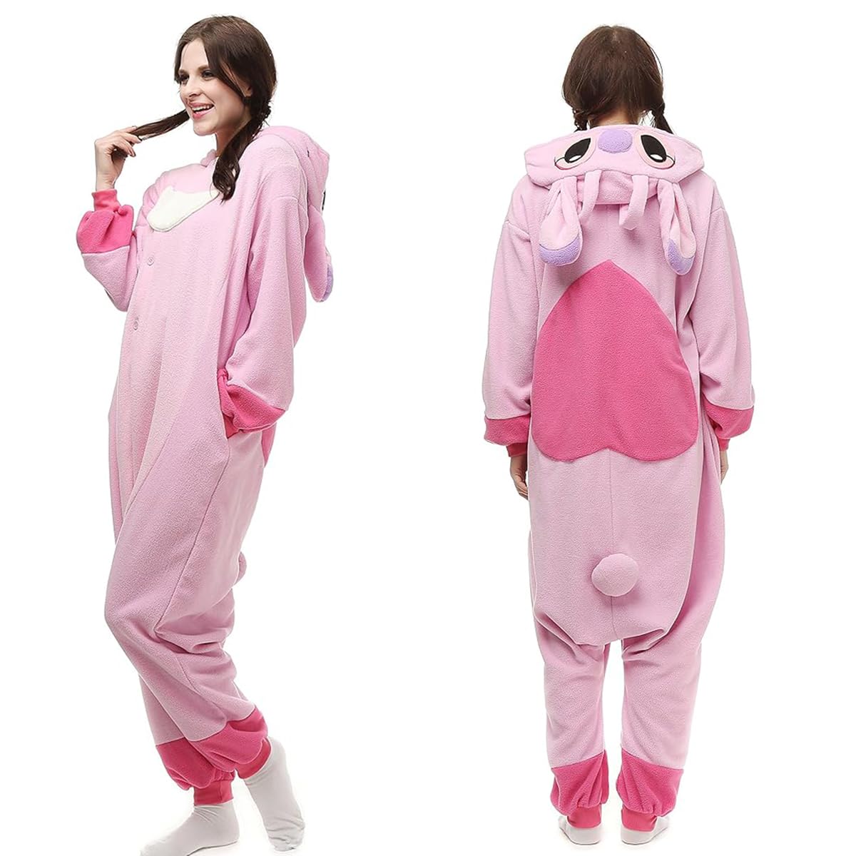 PALAY Sleeping Pajamas for Teens & Adults Cute Stitch Flannel Sleeping Pajamas Stitch Cosplay Hoodie Pajamas Sleeping Pajamas Soft Plush Sleeping Pajamas for Sleepovers Pajamas Party, L, Pink