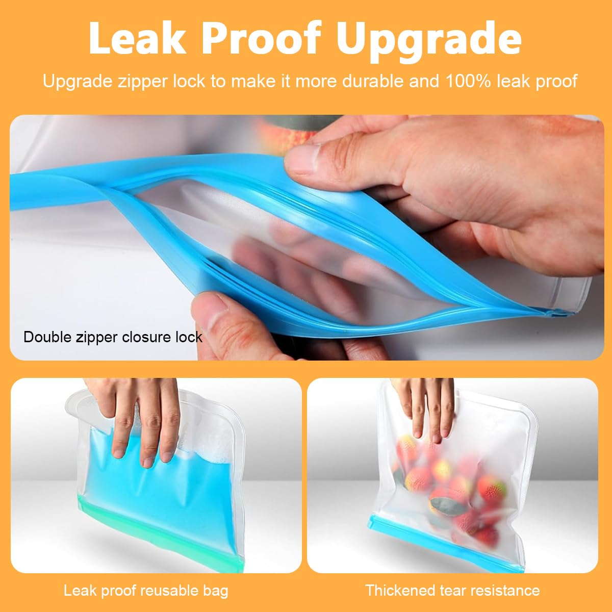 Supvox 10Pcs Reusable Ziplock Bags Biodegradable EVA Food Bags, 3 Sizes Food Storage Bags Freezer Bags Leaking Proof Zip Lock Bags for Wet & Dry Food Utility Food Bags for Kitchen Organization