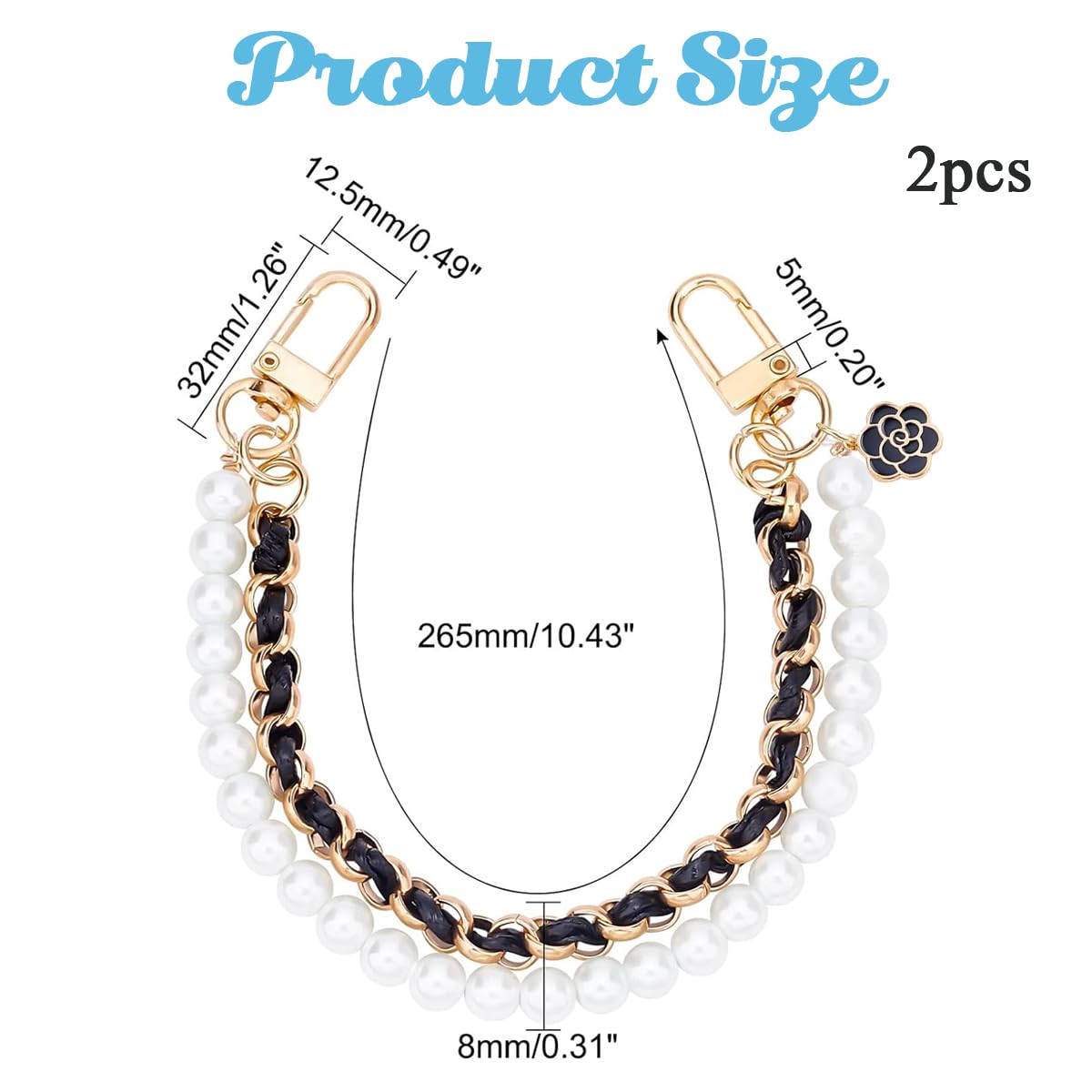 PALAY 2pcs Metal Bag Straps for Sling Bag Extender Chain for Bag Luxury Pearl Handbag Chain Replacement Dual-Layer Hand Strap Extension for Clutch Bag, Purse, Phone Case DIY Accessories