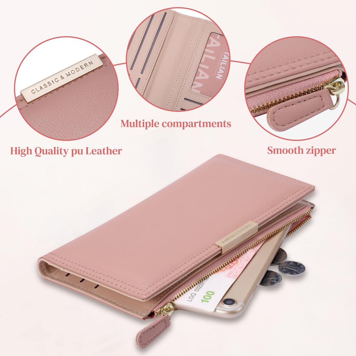 PALAY Wallet For Women Sleek Pink Women Purse Card Holder Card Bag Bifold Long Purse with Zipper Pouch Gift for Women Mother's Day Gift