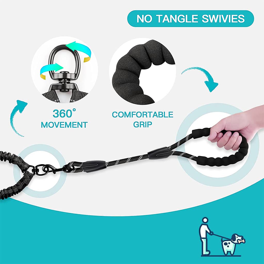 Qpets Double Dog Leash, Durable Reflective Dog Leash, Soft Paded Handle, Retractable Dogs Leash Anti-Strain Leash Braided Rope No Tangle Dog Leash for Small Medium Large Dogs(Black)