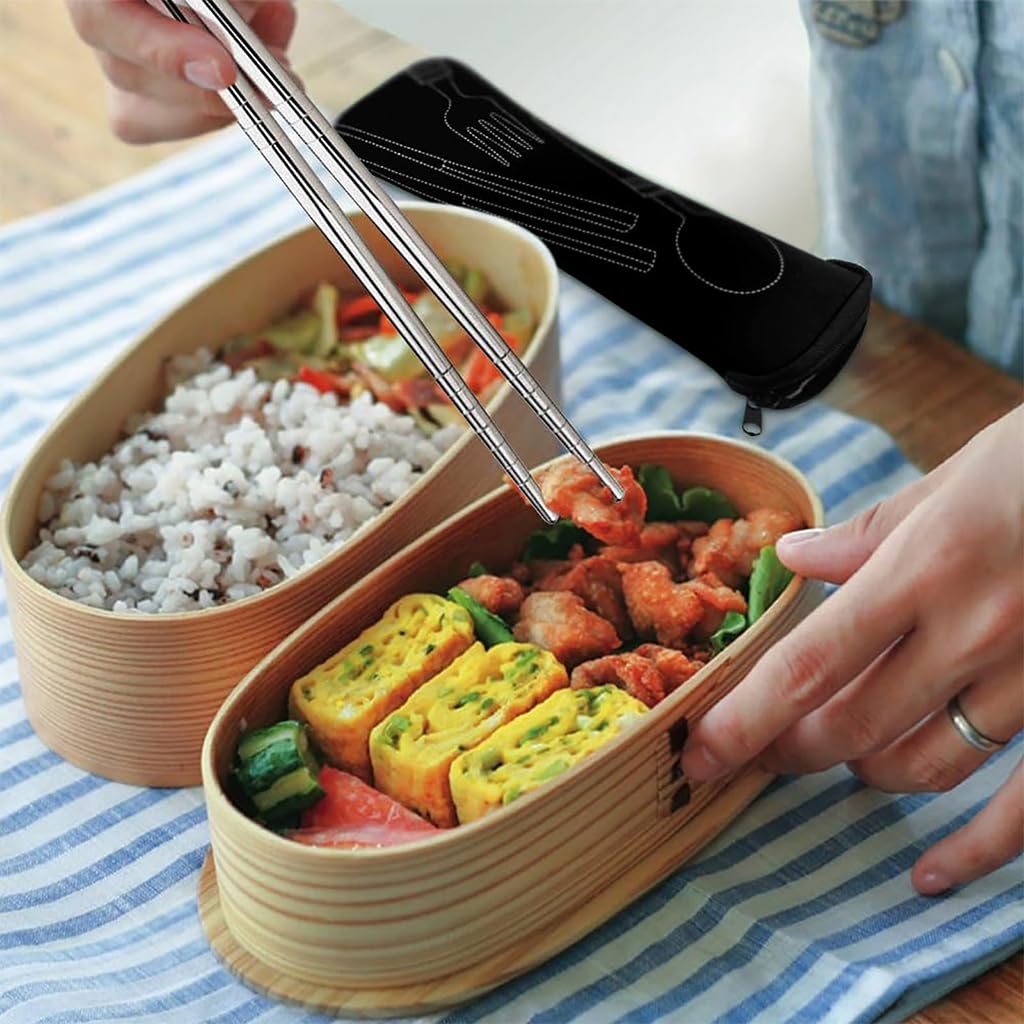 ZIBUYU 4 Pieces Flatware Sets Knife, Fork, Spoon, Chopsticks, Rustproof Stainless Steel Tableware Dinnerware with Carrying Case for Traveling Camping Picnic Working Hiking