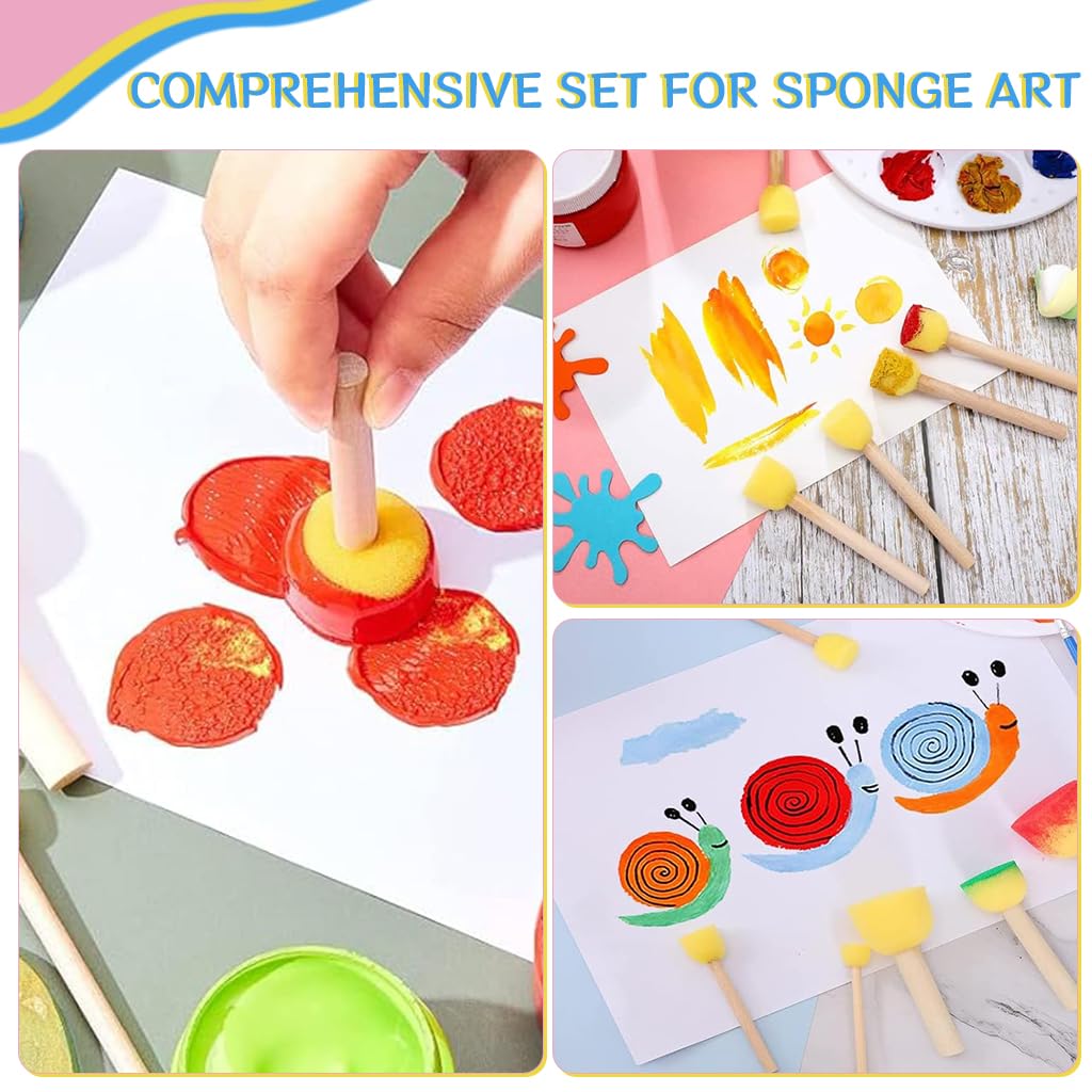 HASTHIP 14Pcs Sponge Art Supplies - 7-Color Acrylic Paint, Diverse Brushes & Rollers, DIY Sponge Art Creative Painting Brush Mixed Shaped Sponge Painting Stick Sponge Art Painting Brush Paint Rollers