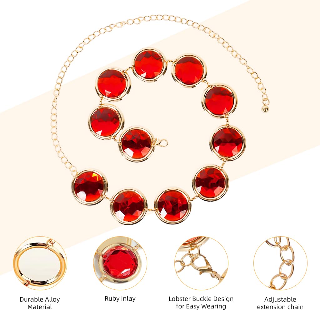 PALAY Waist Belt Fashion Red Gem Chain Belt for Women 45.2 Inches Adjustable Luxury Round Gem Chain Metal Chain Belt for Dress, Skirt, Shirt