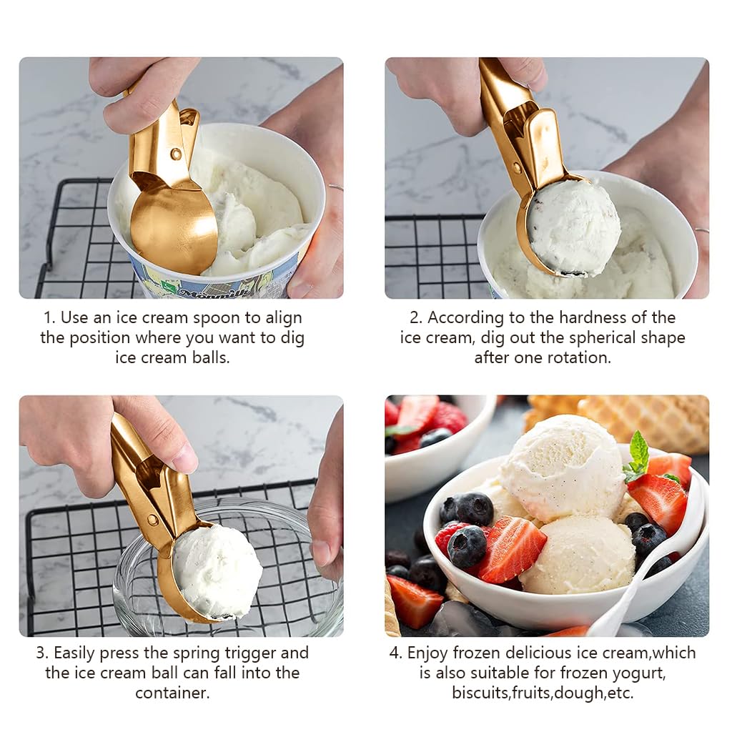 HASTHIP Kitchen Scoop Ice Cream Scoop with Trigger-Release Lever 7 inches Golden Stainless Steel Ice Cream Scoop Dishwasher Safe Multipurpose Kitchen Scoop for Ice Cream, Fruit, Dessert