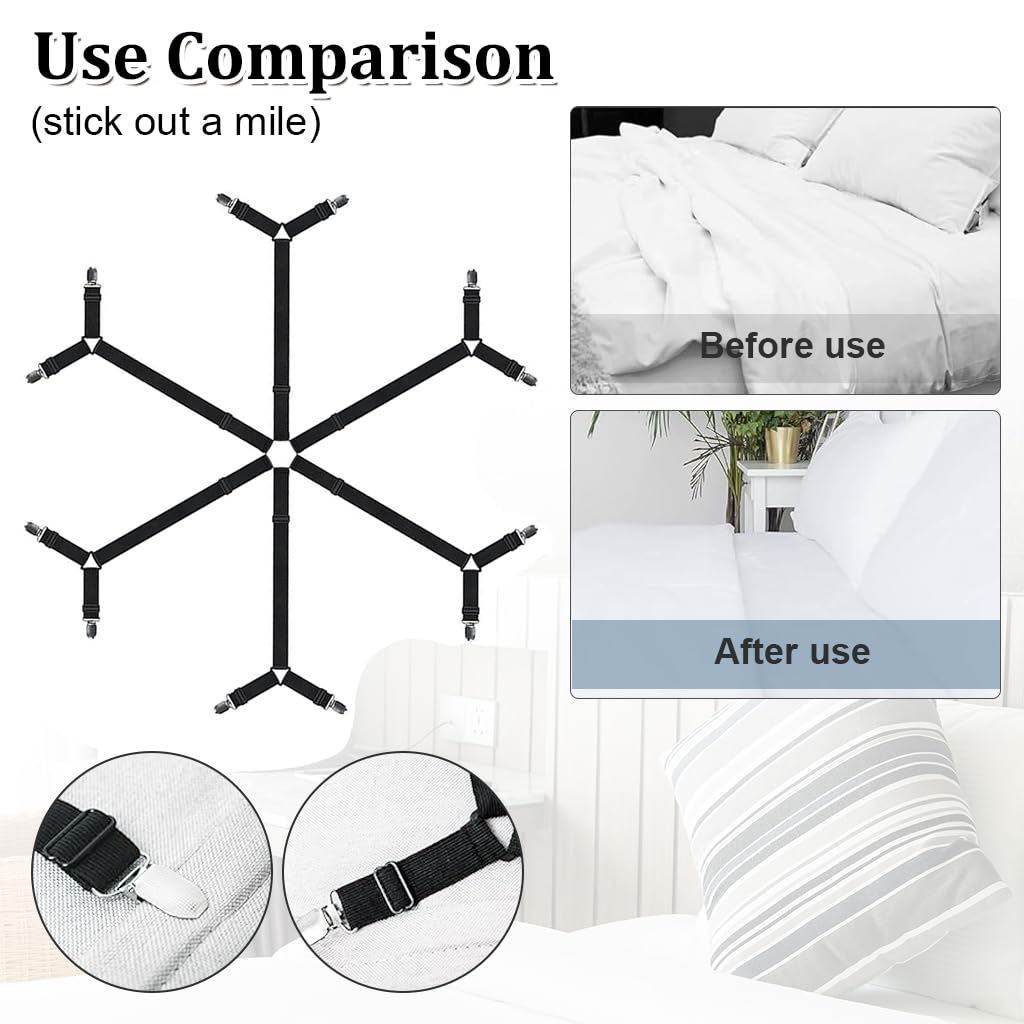 HASTHIP Bedsheet Clips for Bed, Adjustable Elastic Bed Sheet Holder Straps for Full, Queen, King Twin Bed, 6 Way Cross Sheet Clips Suspenders Band, Fitted Round and Square Mattresses (Black)