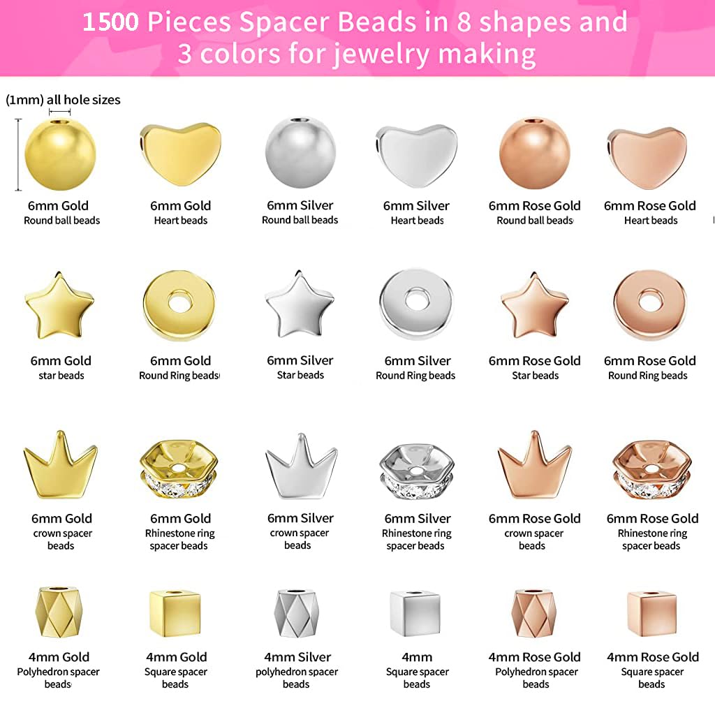 SANNIDHI 1740pcs Beads for Jewellery Making Assorted Beads for Craft Spacer Beads Kit for DIY Beaded Bracelet, Necklace, Curtain - 8 Style, 3 Color String Beads Set (Gold/Sliver/Rose Gold)