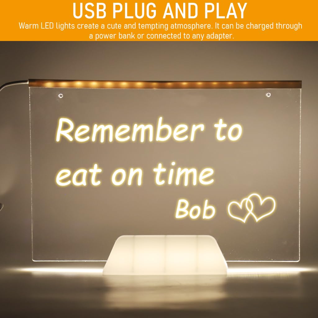 Climberty Hanging 3D Acrylic Writing Board with 7 Color Pen, 11.8'' X 7.9'' Light up Dry Erase Board LED Message Board with Hanging Chain, Reusable Welcome Board Writing Board for Shop, Home, Office