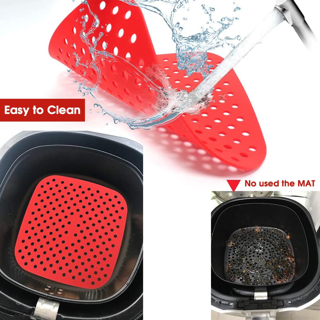HASTHIP 2Pcs Air Fryer Liners, 8.5 Inch Air Fryer Silicone Baking Tray, Air Fryer Accessories, Non-Stick Air Fryers Basket Oven Accessories, Square Air Fryer Oven Pads (1 Red + 1 Black)