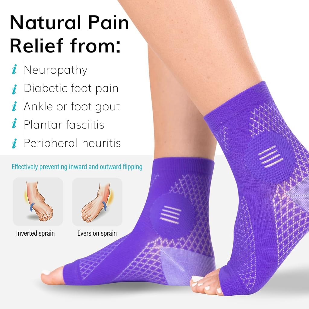 HANNEA 1Pair Ankle Compression Sleeve, Compression Socks for Plantar Fasciitis, Achilles Tendonitis Relief, Open-Toe Foot Sleeves for Men and Women for Foot Swelling, Fatigue & Sprain, L(Purple)