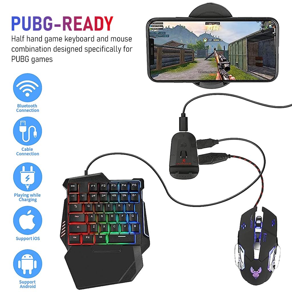 Verilux 4 in 1 One Hand Gaming Keyboard and Mouse Combo, 35 Keys Wired RGB LED Backlit One Hand Keyboard, USB Wired Gaming Mouse, Converter Adapter for PUBG/Laptop PC Game and Work