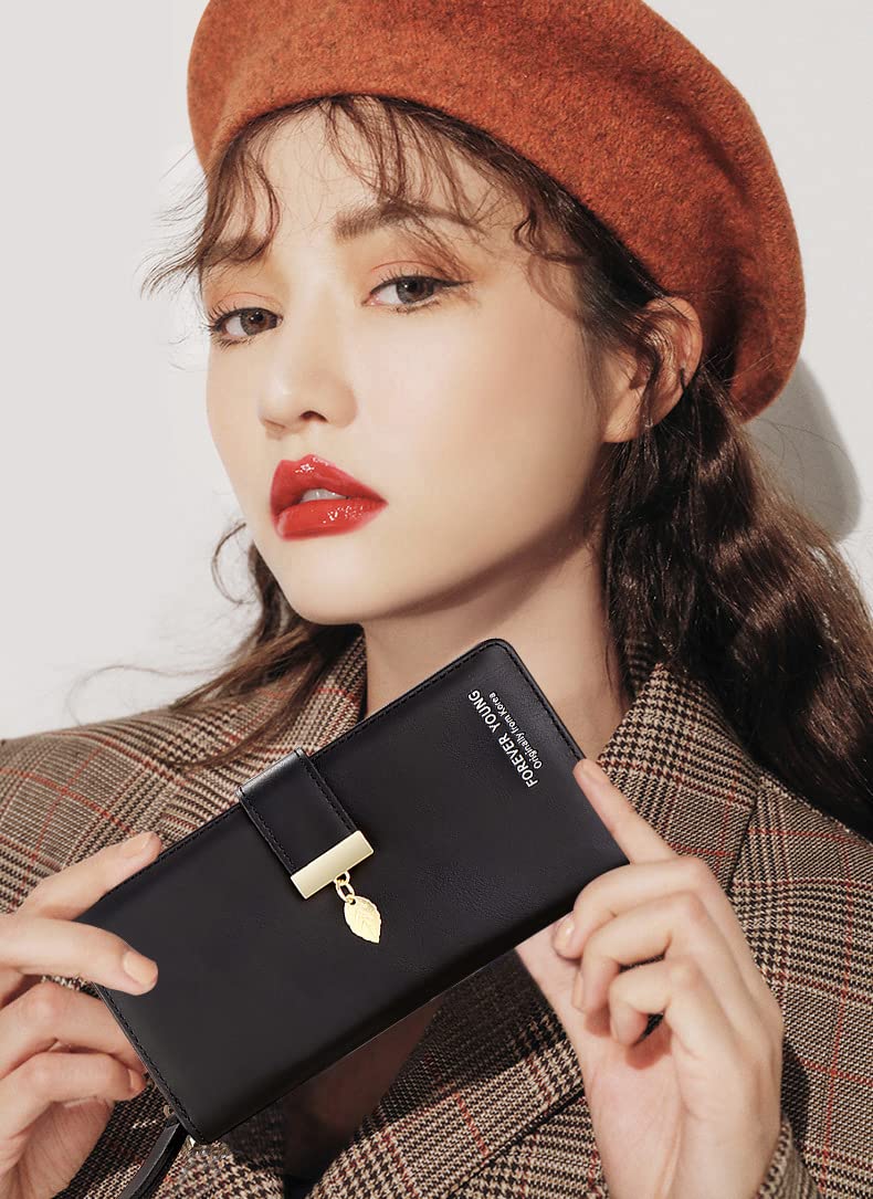 PALAY Women's PU Leather Long Wallet with Hand Strap Leaf Pendant Card Holders Phone Pocket Zipper Coin Purse Clutch Bag for Women (Black)