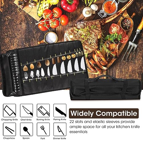 ZIBUYU® Fabric Kitchen Cutlery Organizer Bag with 22 Slots Professional Chef Knife Roll Anti Scratch Oxford Cloth Portable Traveling Accessories Black 3PCS