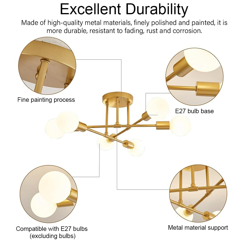 ELEPHANTBOAT Modern Metal Chandelier Light Fixture, 6-Light Modern Flush Mount Ceiling Light for Living Room, Ceiling Light for Bedroom, Dining Room, Office, E27 Light Bubble Not Included