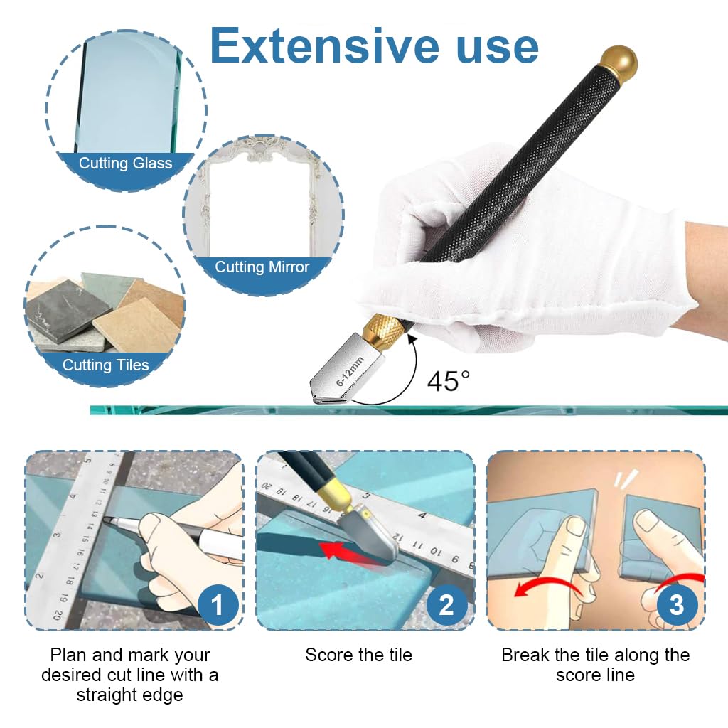 Serplex Glass Cutter Tool 2mm-20mm Manual Tile Cutter with 3 Cutter Bit Glass Cutter with Screwdriver & Dripper Pencil Style Oil Feed Carbide Tip for Glass Cutting/Tiles/Glass