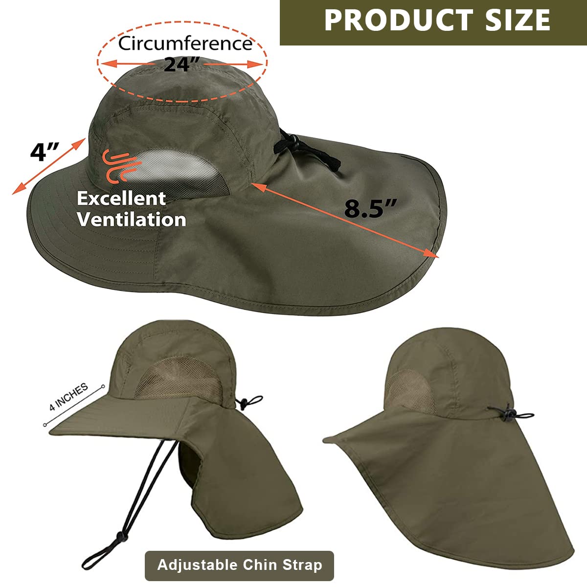 GUSTAVE Wide Brim Summer Cap for Men&Women Hat for Men with Neck Flap, UPF50+ Hiking Safari Fishing Hat for Men Women, Sun Protection Beach Hats, Sun Hats for Women Summer Hat Green