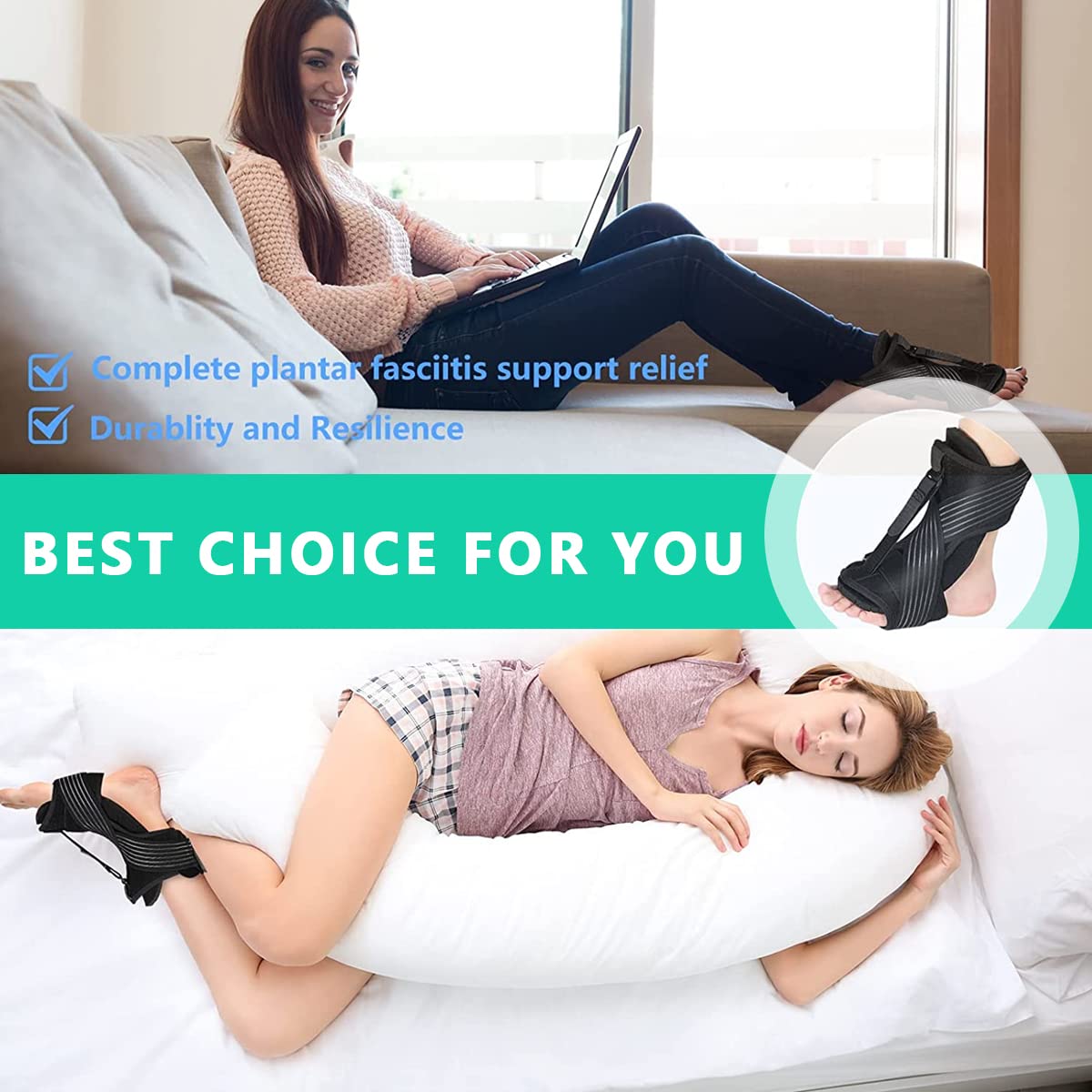 HANNEA Plantar Fasciitis Night Splint, Foot Drop Orthotic Brace with Soft Arch Pad, Massage Ball, Ankle Brace Support for Plantar Fasciitis Achilles Tendinitis Foot Pain Relief