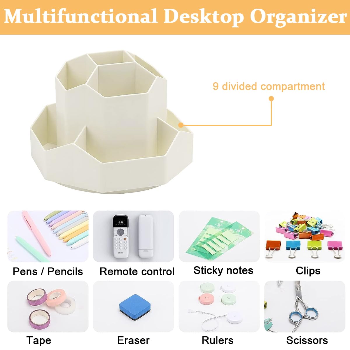 Climberty Pen Stand for Study Table, 9 Slots Pen holder 360 Degree Rotating Desk Organizer, Desktop Storage Pen Organizers Stationery Supplies, Cute Pencil Cup Pot for Office School Home (Beige)