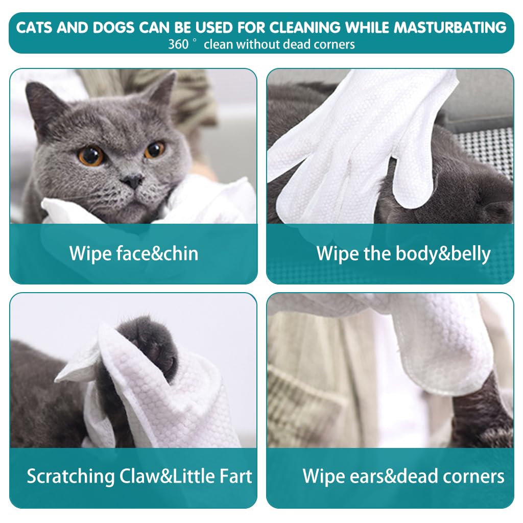 Qpets Pet Wipes Gloves, 6Pcs Pet Cleaning Gloves Disposable Dry Cleaning Tool, Cats and Dogs Grooming Wipes Gloves Skin Friendly for Wipe Claws, Ear, Feet, Butt