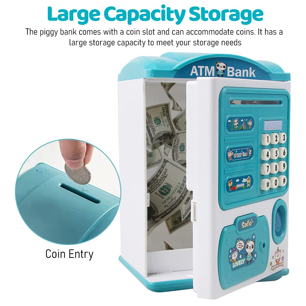 PATPAT Electronic ATM Piggy Bank for Kids, Money Bank with Password and Fingerprint Lock, Automatic Paper Money Saving Box with Music, Gift Toy for Kids Boys Girls Children's Day Gift, Blue