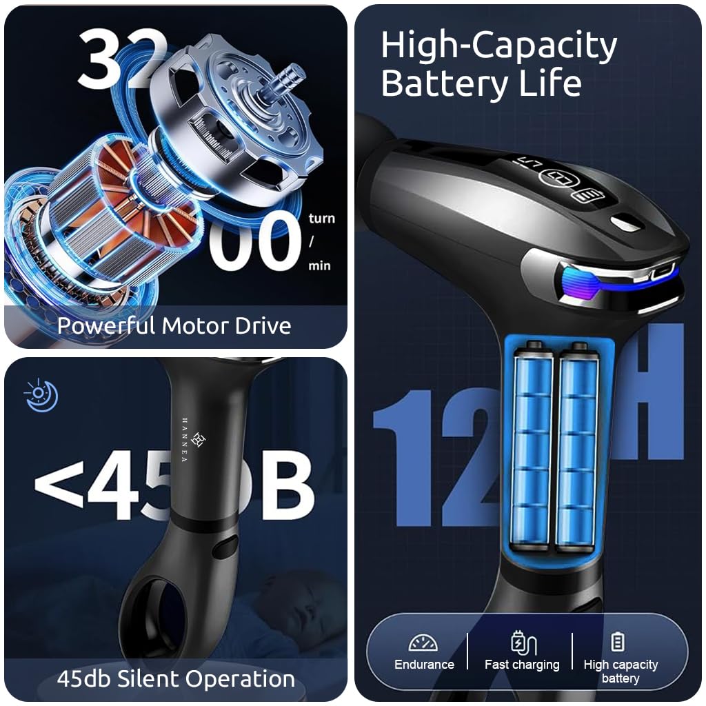 HANNEA Fascial Gun Cordless Electric Deep Muscle Stimulator with 4 Massager Attachment, 8 Intensity Levels Electric Massager Deep Muscle Relaxation Muscle Massager Travel Fascial Gun with Bag