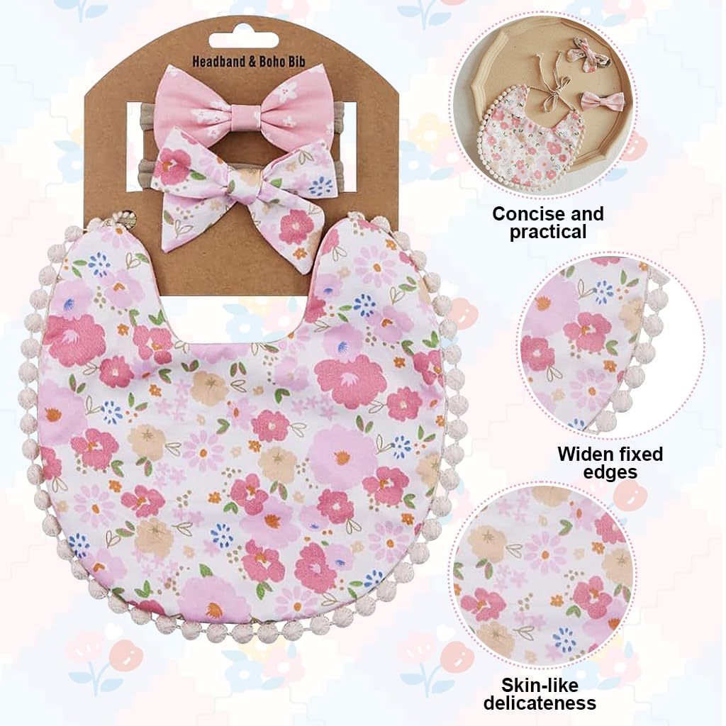SNOWIE SOFT Feeding Bib Set Flower Print Baby Girls Cloth Drooling Bib with 2Pcs Bow Hairband Hair Bands Tie Back Saliva Bib Baby Bib Washable Bib Baby Bibs for 6 to 12 Months Baby Feeding Products