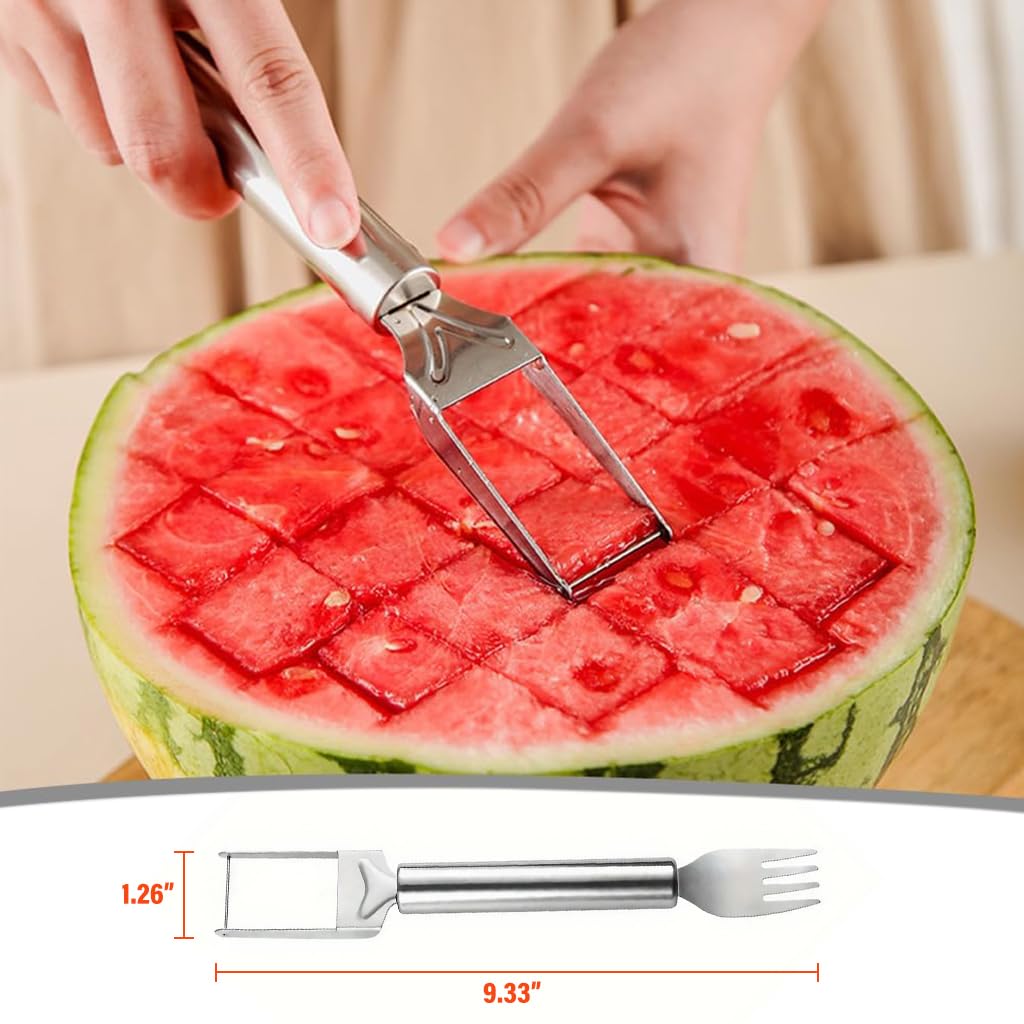 HASTHIP 2-in-1 Watermelon Cutter & Fork Watermelon Slicer 9.4 Inches Stainless Steel Melon Cutter Slicer and Fork Dual Head Design Watermelon Cutter Fork