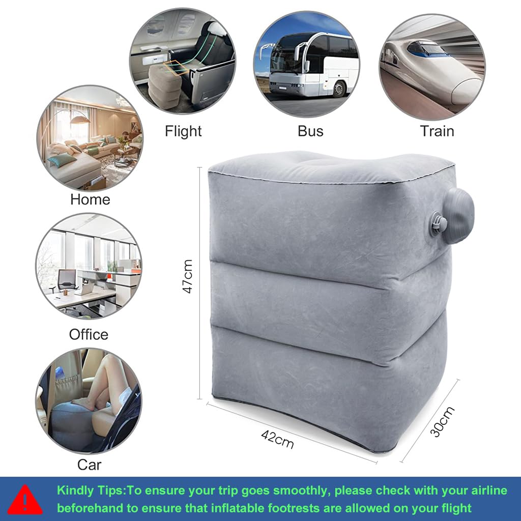 HANNEA Inflatable Air Travel Pillow, leg pillows for sleeping, Portable Footrest Pillow for Flight Home Office Footstool Self-inflatable Air Travel Pillow for Adult Kids,Grey