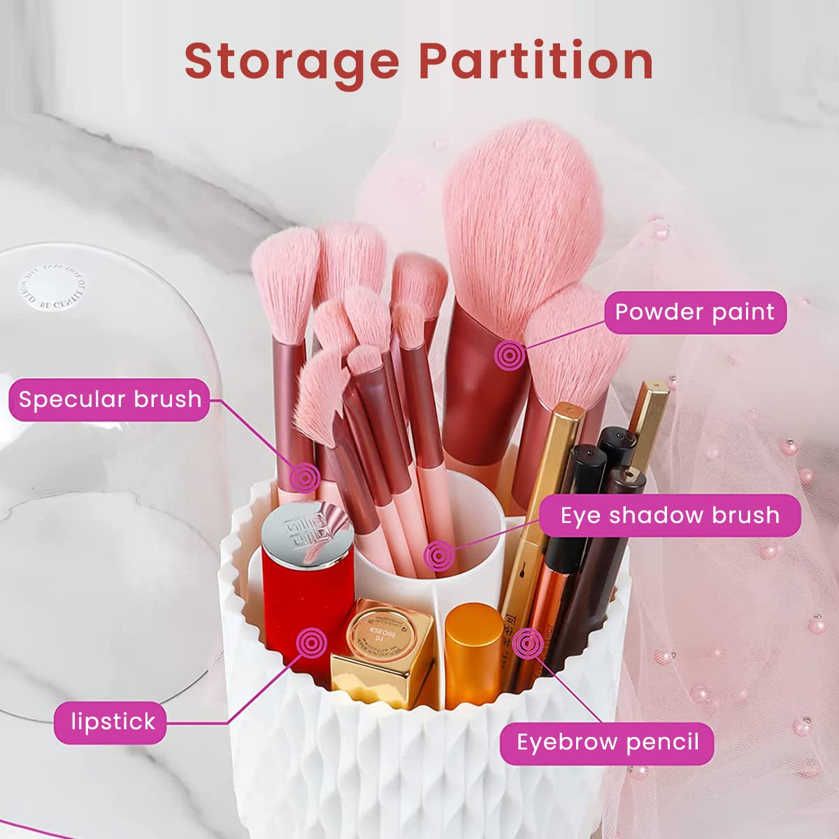 MAYCREATE Makeup Brush Holder Organizer With Lid, 360° Rotatable 4-Grid Cosmetic Makeup Brushes Storage Case Stand For Vanity Or Bathroom - Dustproof & Waterproof, White, Plastic