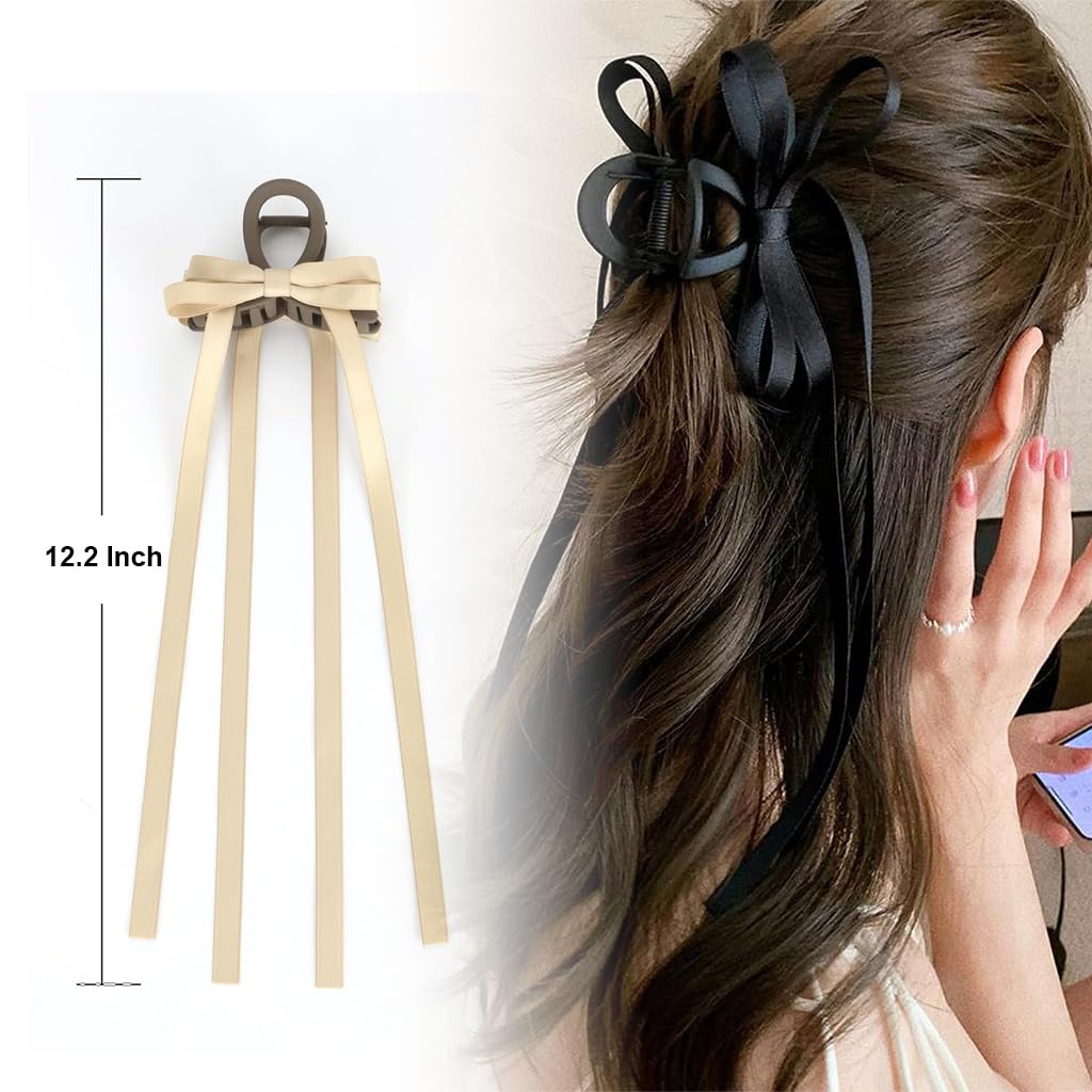 PALAY 2Pcs Hair Claw Clips for Women Stylish Bow Ribbon Large Claw Clip Non-Slip Matte Claw Hair Clips Strong Hold Barrette for Medium Thick Hair - Brown & Black