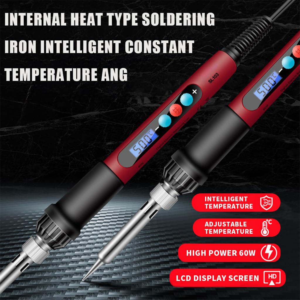 Serplex Soldering Iron Kit, 60W/110V Soldering Gun 180-500°C Adjustable Temperature & LCD Display Electric Soldering Kit Set with 5 Soldering Iron Tips, Soldering Wire, Flux, Bit Cap (13pcs)