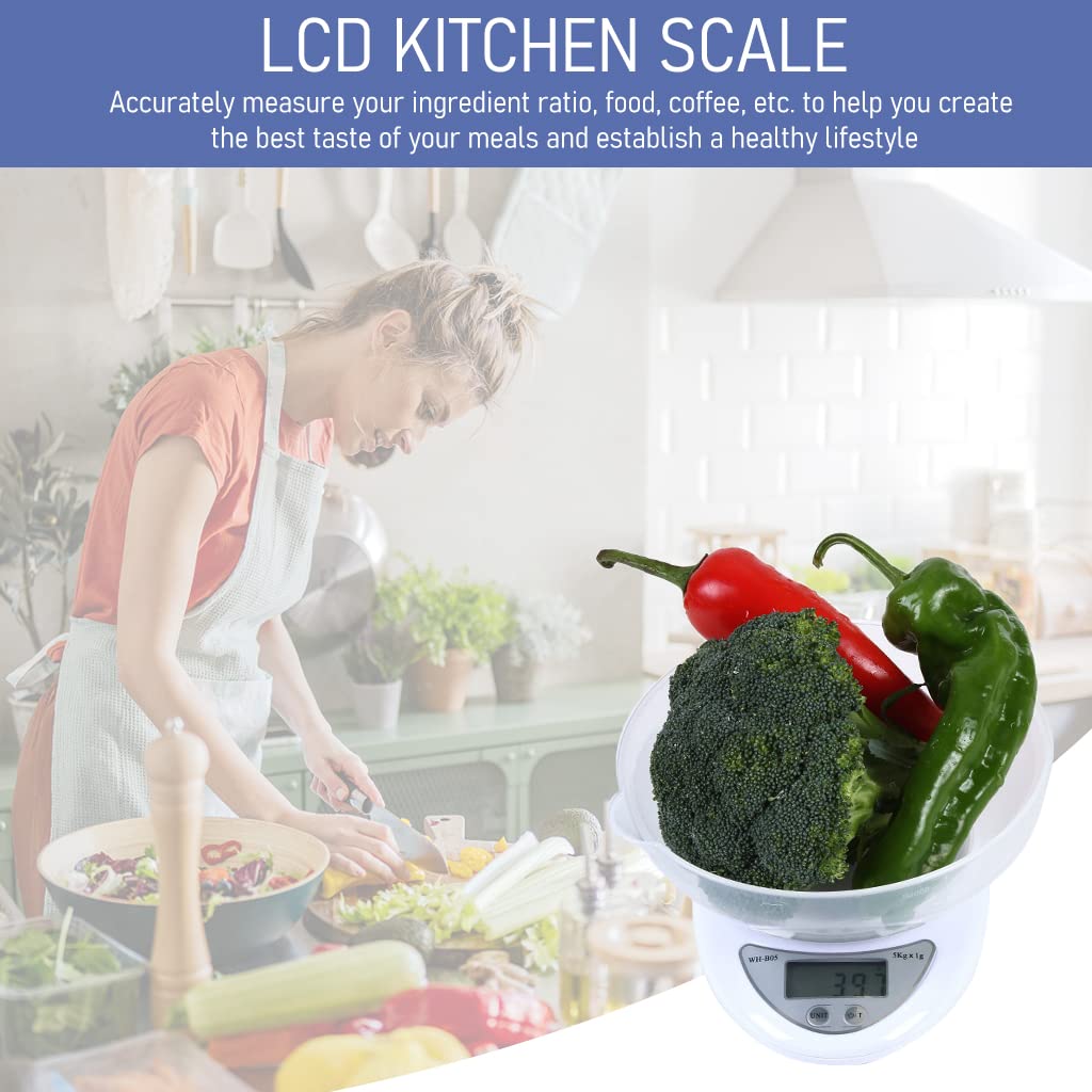 HASTHIP Kitchen Weighing Scale with Bowl, 5kg Food Weight Machine with 3 Unit Switchable, Ultra Accurate Digital Kitchen Scale for Meal Preparation, Baked Goods and Weigh Food, Battery Powered